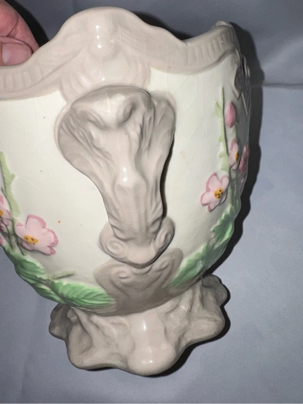 Vintage Large Hand-Painted Bird Planter Crackle Vase Blue Bird & Flowers